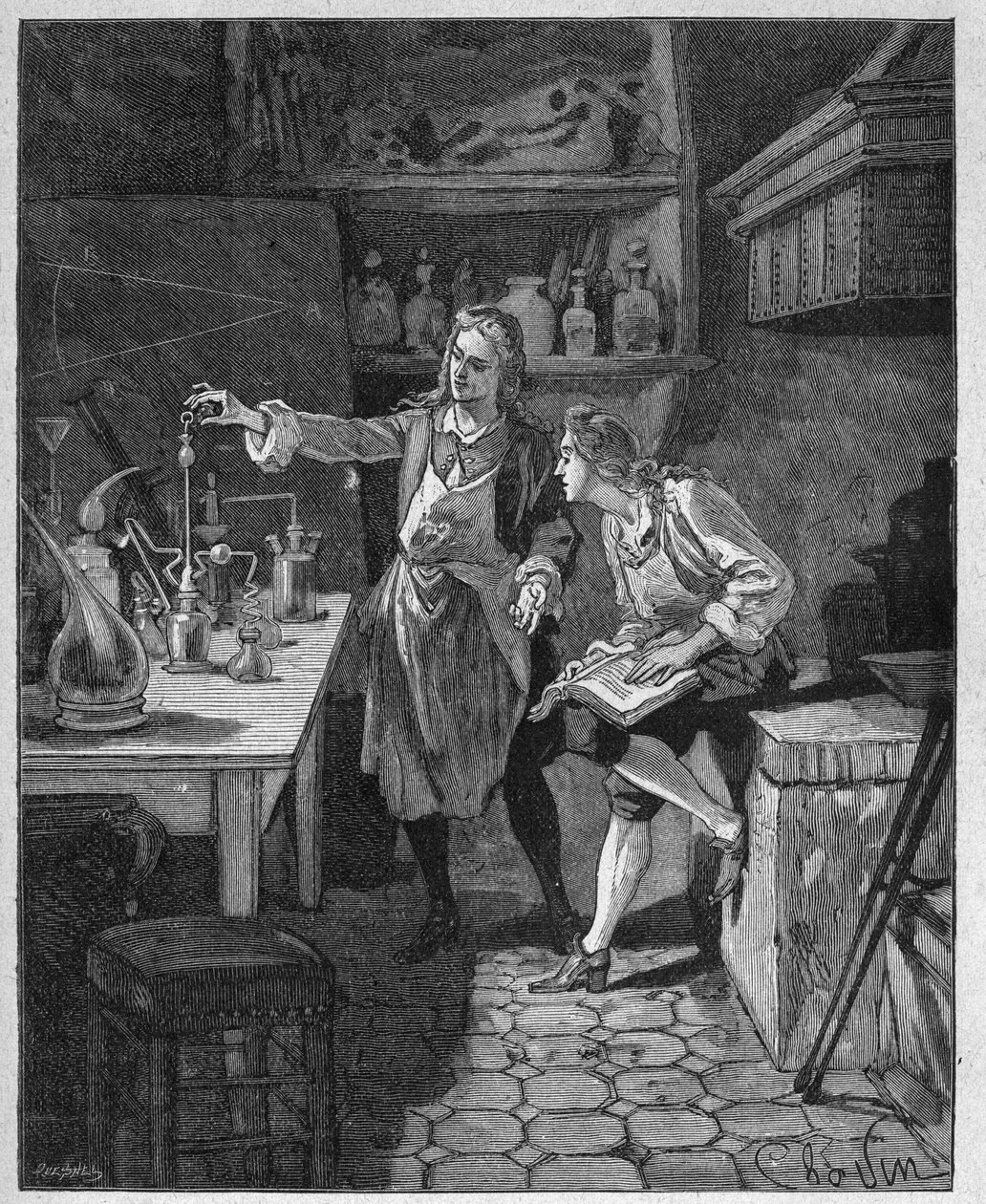 Filip II hertig av Orleans (1674-1723) som läser kemi med Humbert. Gravyr av 1800-talet. I "Histoire de France" av Jules Michelet av Unknown artist
