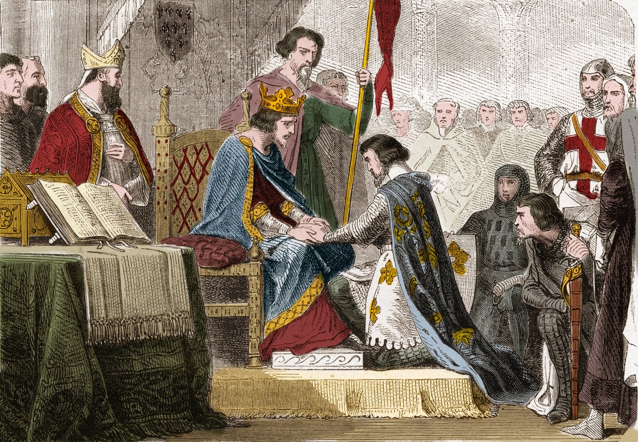 Filip IV the Bel (1268 - 1314), kung av Frankrike gav sin dotter Isabelle av Frankrike (1295-1358) 1308 i äktenskap med sonen till kung Edward II av England (1284-1327). Gravyr i "" Histoire De France En Cent-målningar av Paul Lehugeur "" 1891. av Unknown artist