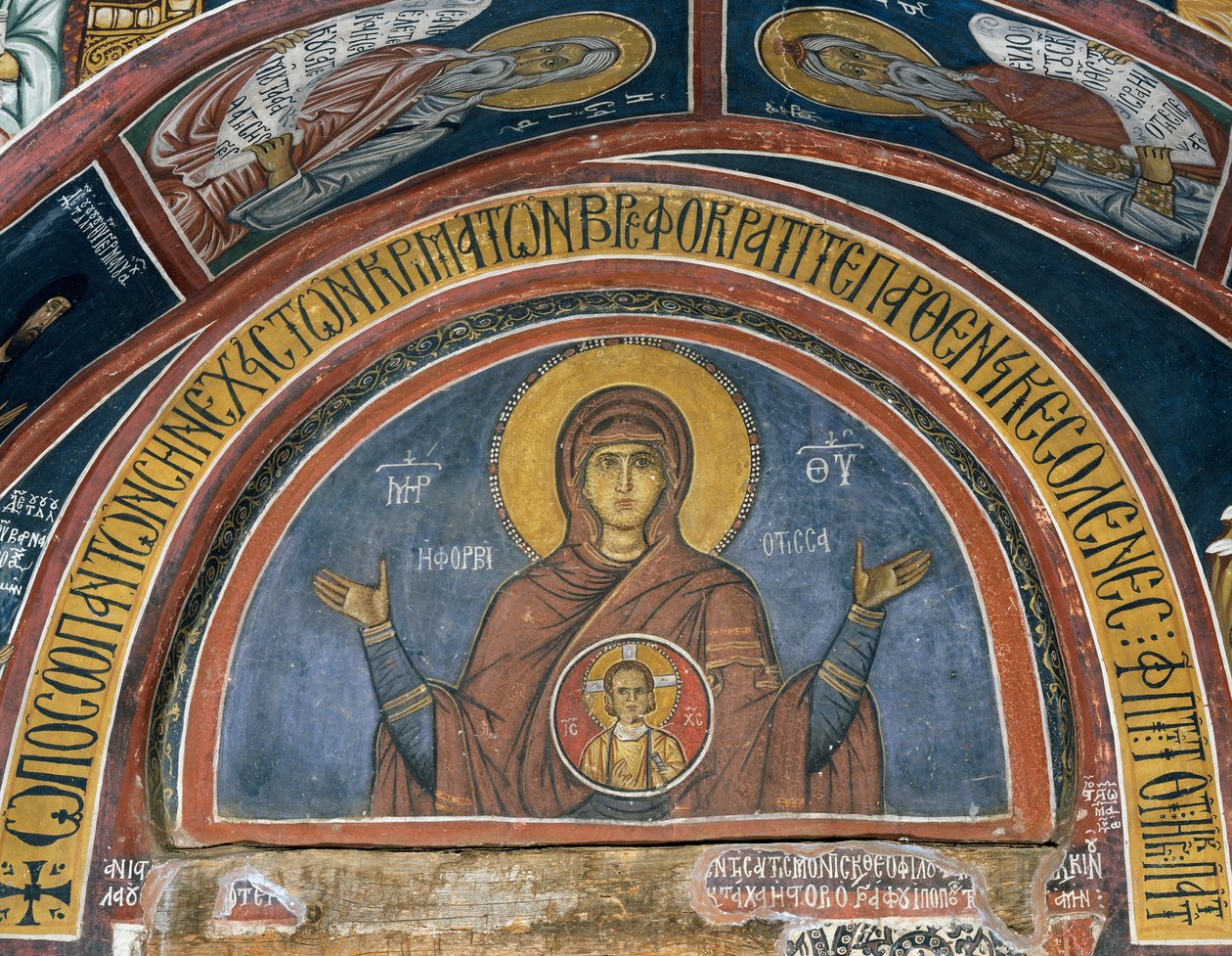 Phorbiotissa Panagia, Our Lady of Christ in Medallion, fresk (1332-1333), Bysantine Church of Our Lady of Asinou (1100-talet) (Unescos världsarvslista, 2001), Troodosbergen, Cypern av Unknown artist