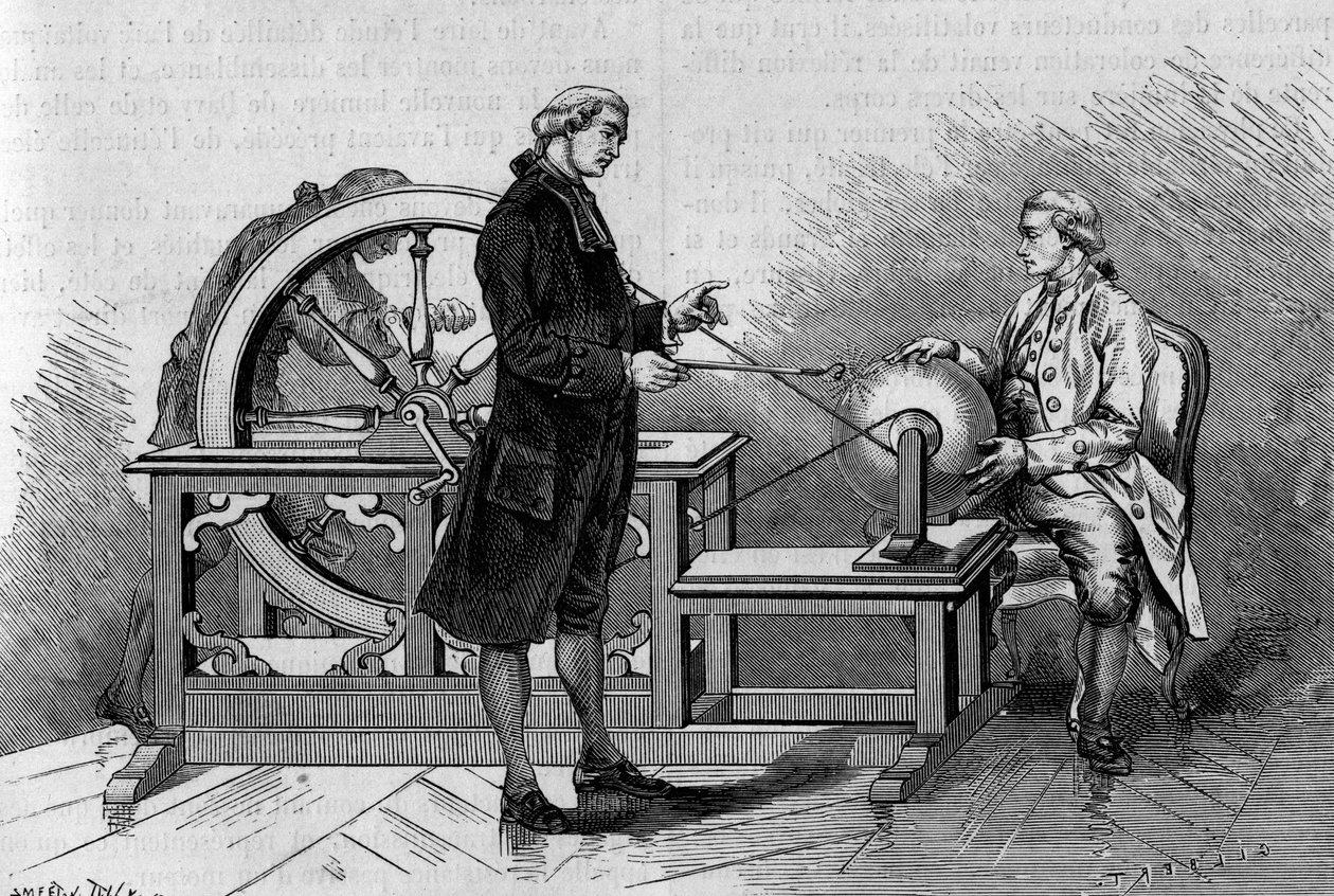 Fysikupplevelse på 1700-talet: glöd som produceras av en elektrisk maskin. (Från Abbe Nollet). Gravyr i "" La Nature: revue des sciences et de leurs applications aux arts et a l