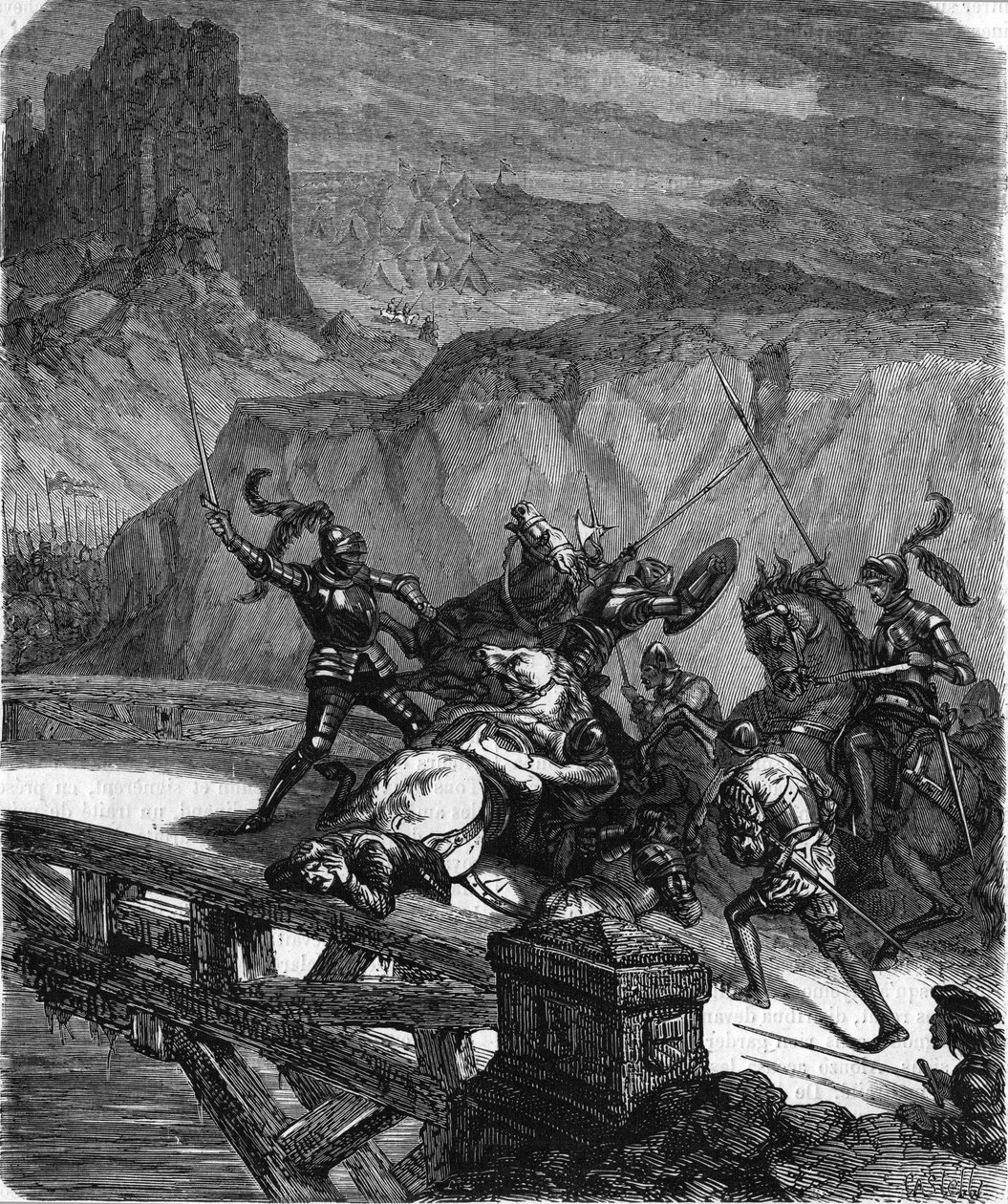 Pierre Terrail, herre av Bayard, försvarar Gariglianobron (Italien) 1503. Gravyr från 1800-talet. av Unknown artist