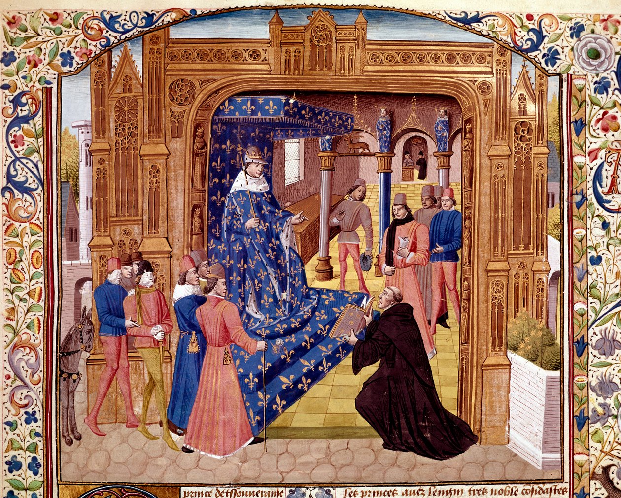 Pierre de Bressuire erbjuder sin bok till Johannes II den gode på ön Cite i Paris Miniature från "" Histoire romaine"" (Ad urbe condita) av Titus Live (59 f.Kr.-17 e.Kr.) (Titus Livius), översatt av Pierre Bressuire (ms. 310) 1450-1500 Chantilly, musa av Unknown artist