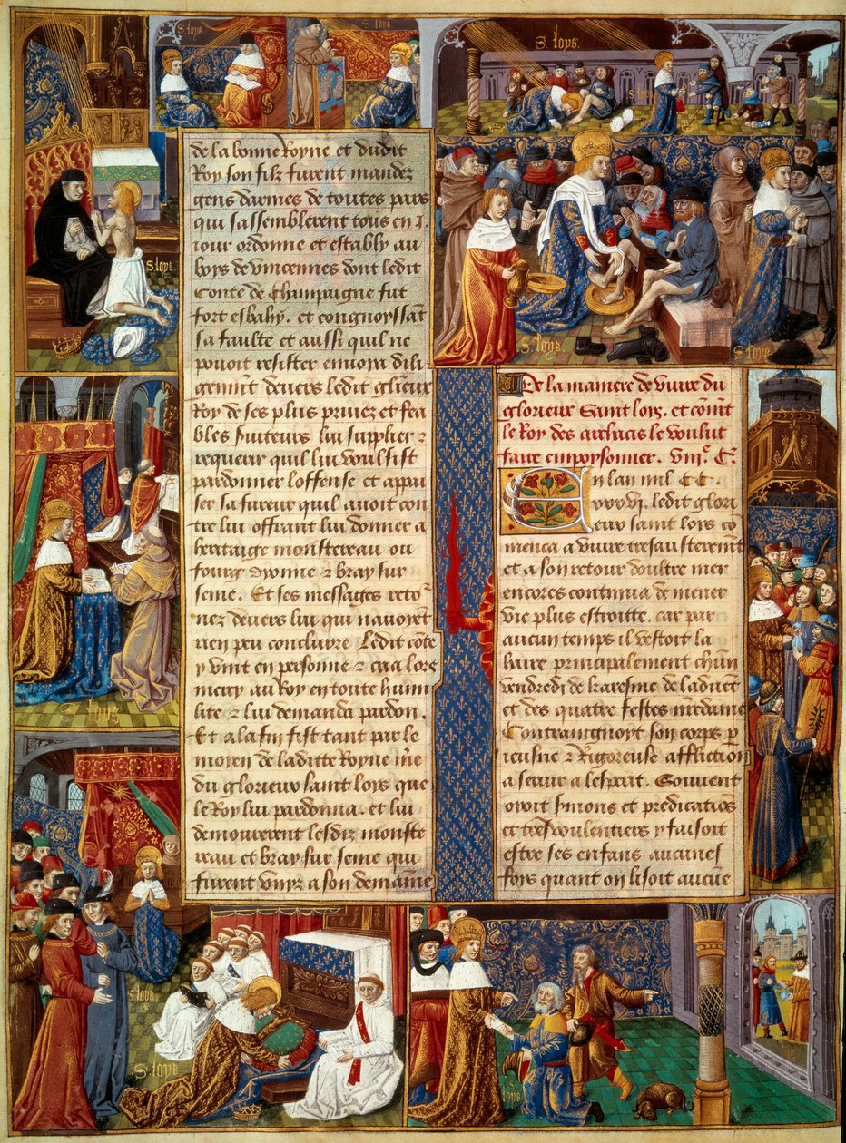 Pietescen: "" Kung Ludvig IX (1214-1270) (Saint Louis) tvättar de fattigas fötter, kungen ber och scener av kristen välgörenhet från kungen"" Miniatyr från ett manuskript "" The Book of Facts of Monsignor Saint Louis”” 1400-talet. Paris, B.N av Unknown artist