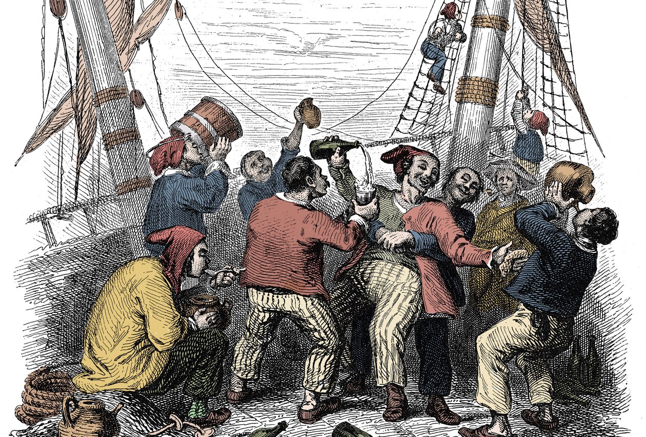 Pirater som firar fångsten av ett rikt byte efter attacken av ett fientligt skepp. Gravyr av 1800-talet av Unknown artist