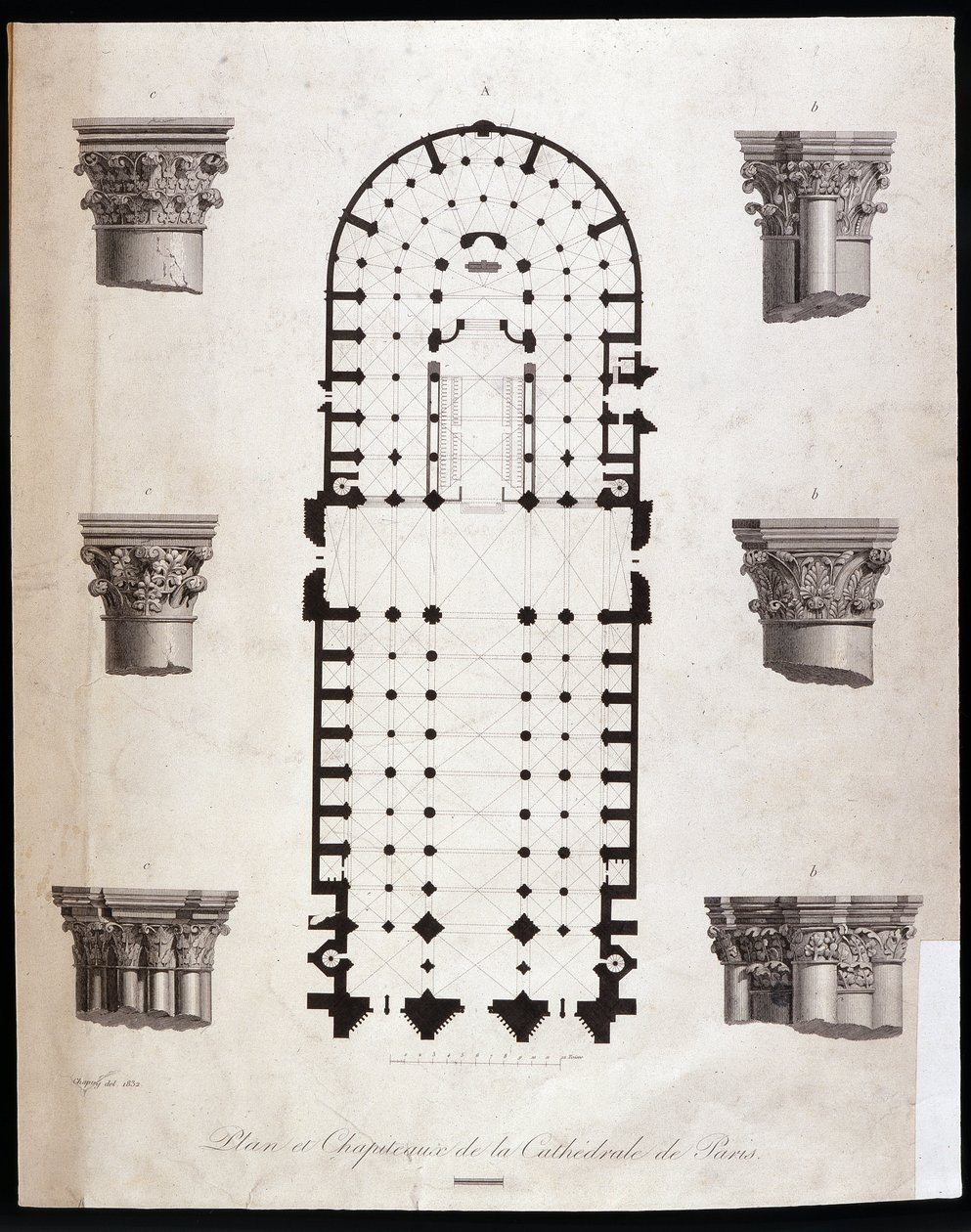 Plan och huvudstäder för katedralen Notre Dame (Notre-Dame) i Paris. 1800-talet. av Unknown artist