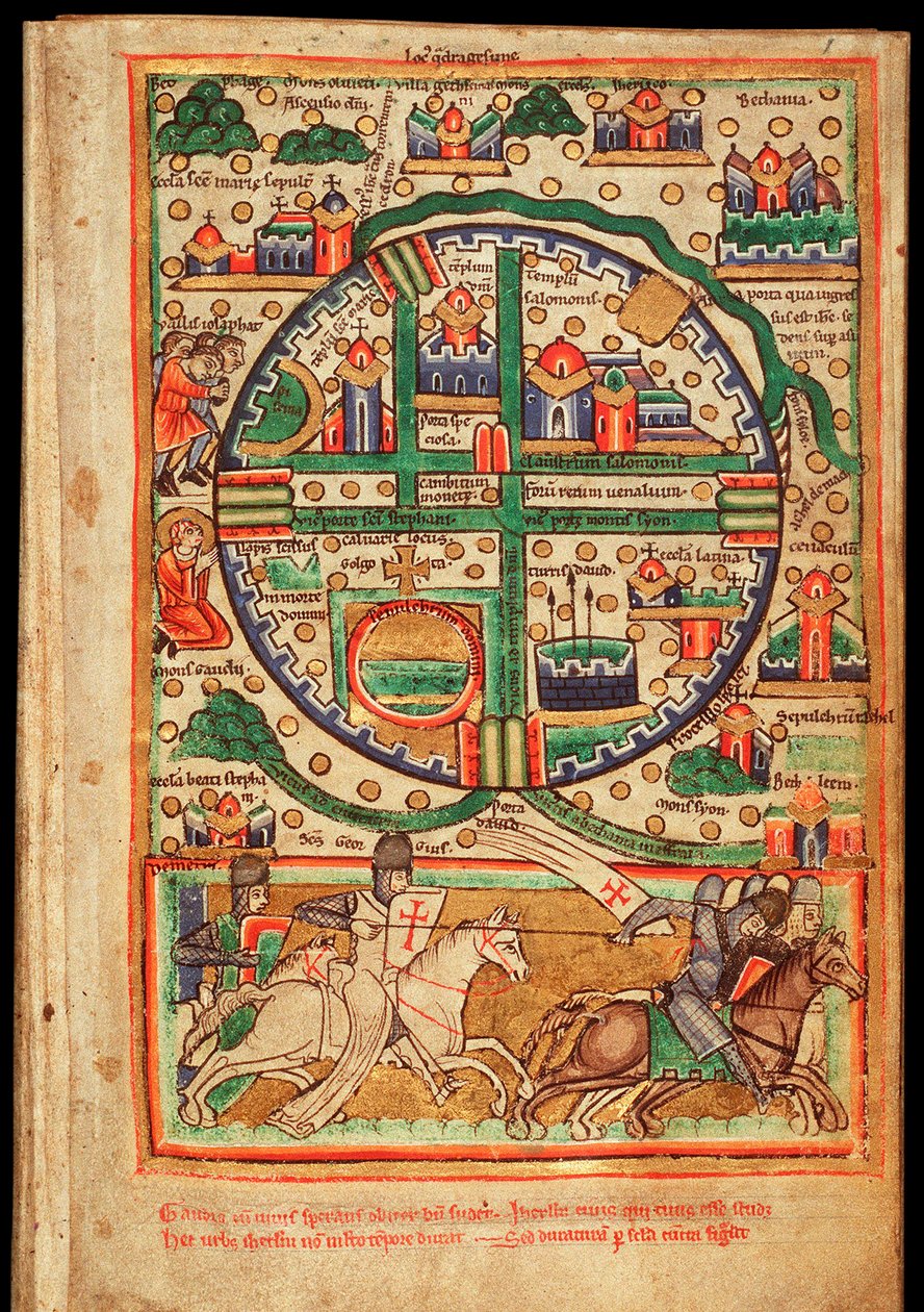 Plan av Jerusalem (Israel) - Akvarell på pergament, utdrag ur en manuskriptpsalter, omkring 1200 - Plan över Jerusalem, Psaltfragment Akvarell på pergament, ca 1200 - Koninklijke Bibliotheek, Haag av Unknown artist