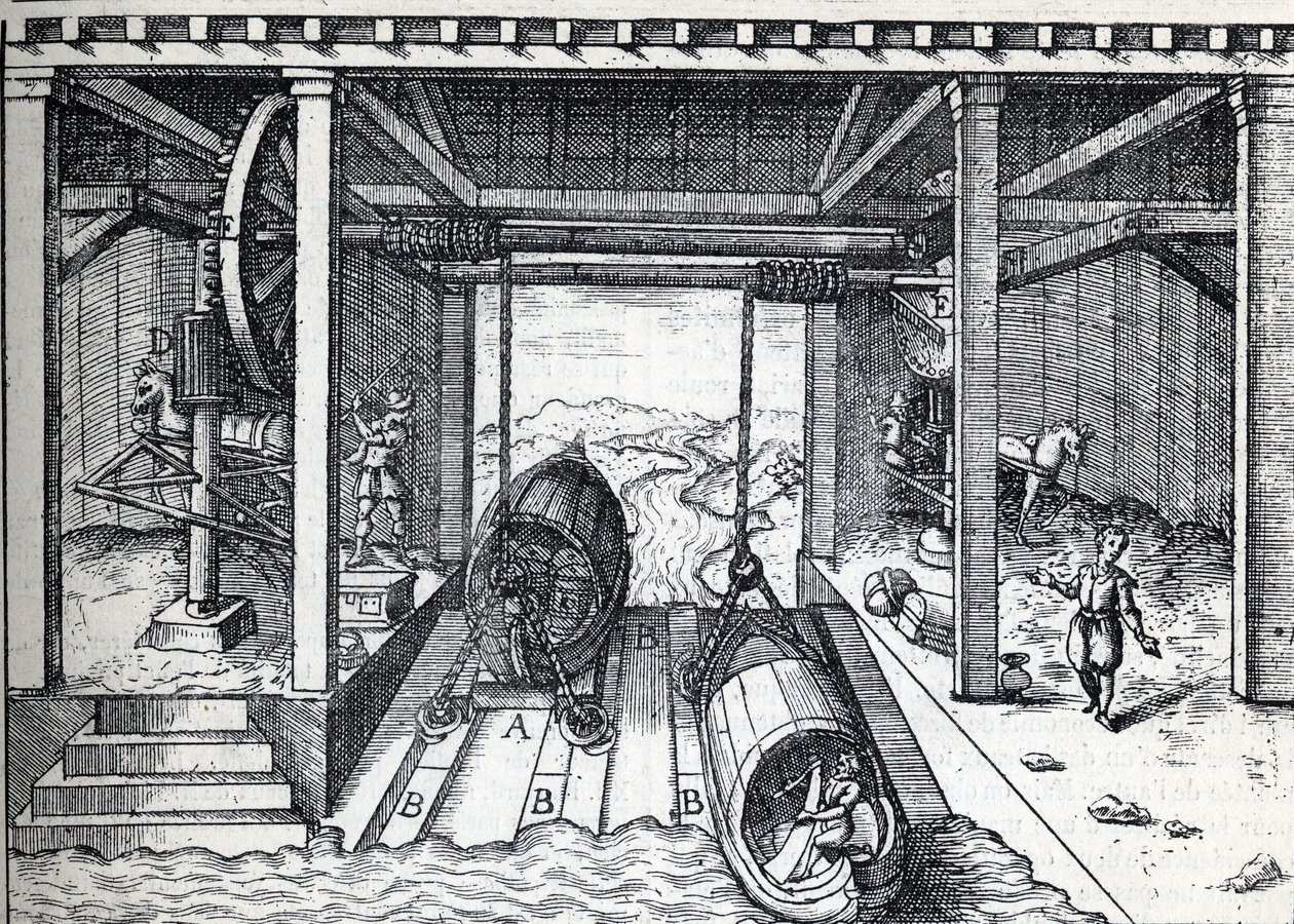 Planera lutning för båtar på 1500-talet på lagunerna vid Brenta (floden) i norra Italien. Gravyr i "" La Nature"" av Unknown artist