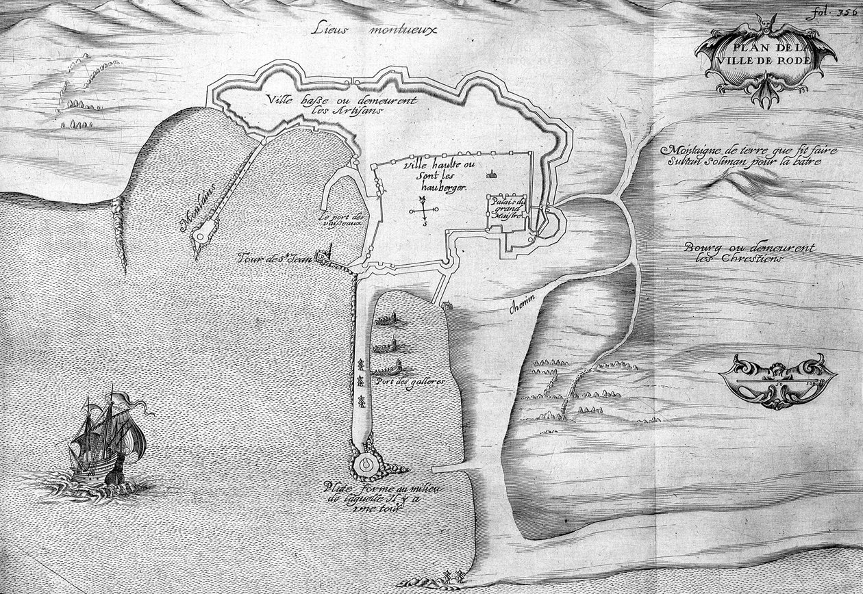 Plan av Rhodos (Rodos) - i "" Voyage de levant gjord av kungens befallning år 1621", redigerad 1629 (under Ludvig XIII Le Justes regering) av Unknown artist
