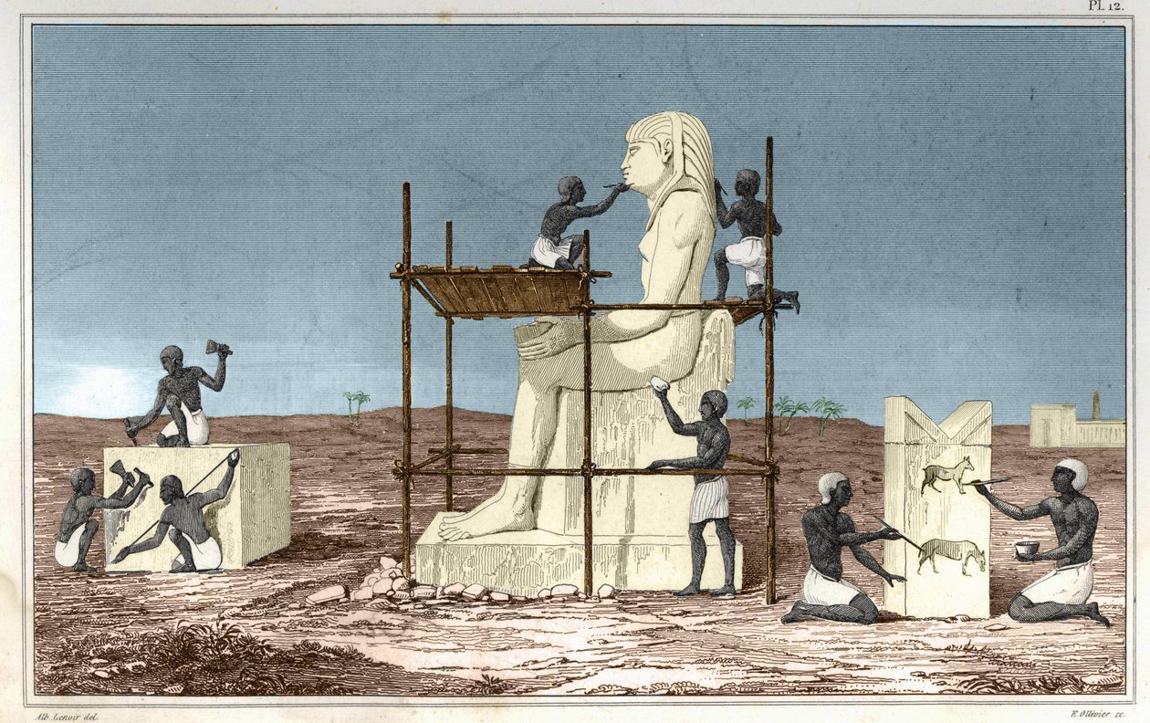 Tallrik baserad på verk av Rosellini (Rossellini), italiensk resenär som följde med Jean Francois (Jean-Francois) Champollion till Egypten. Gravyr från boken Atlas of Rollin