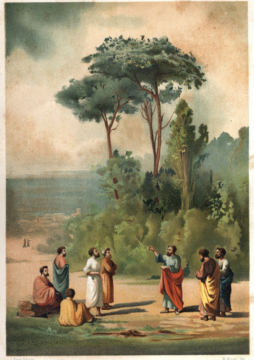 Platon och hans lärjungar i Akademiens trädgårdar. efter hombres y Mujeres berömda. Barcelona 1877. av Unknown artist