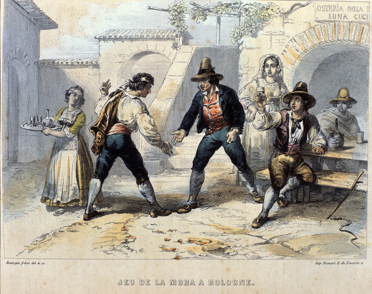 Players of die (morra), italiensk match i en osteria (värdshus) i Bologna. Början av 1800-talet av Unknown artist
