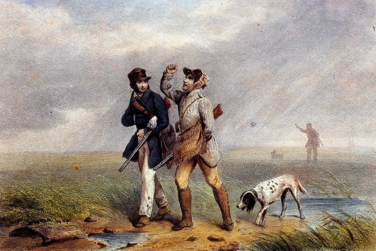Behagligt jaktspel två jägare som pratar. Litografi av 1800-talets Gien, jaktmuseum av Unknown artist