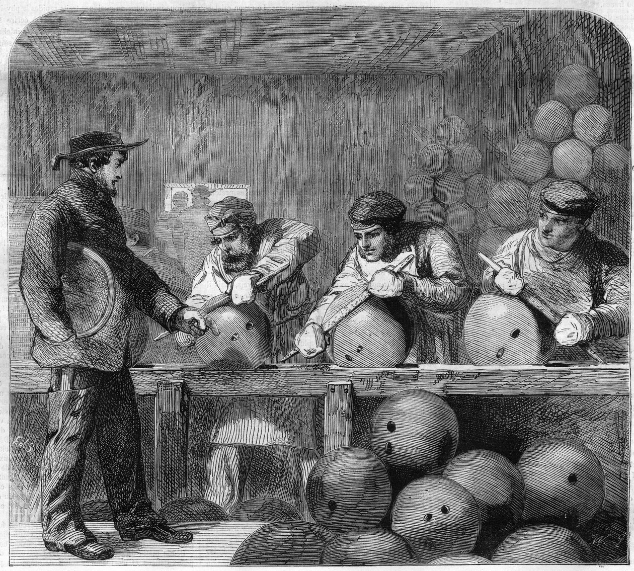 Poleringsverkstad för bombgjuteriet i Woolwich Arsenal, förorter till London, England. Gravyr i "" The Illustrious Universe"" av Unknown artist