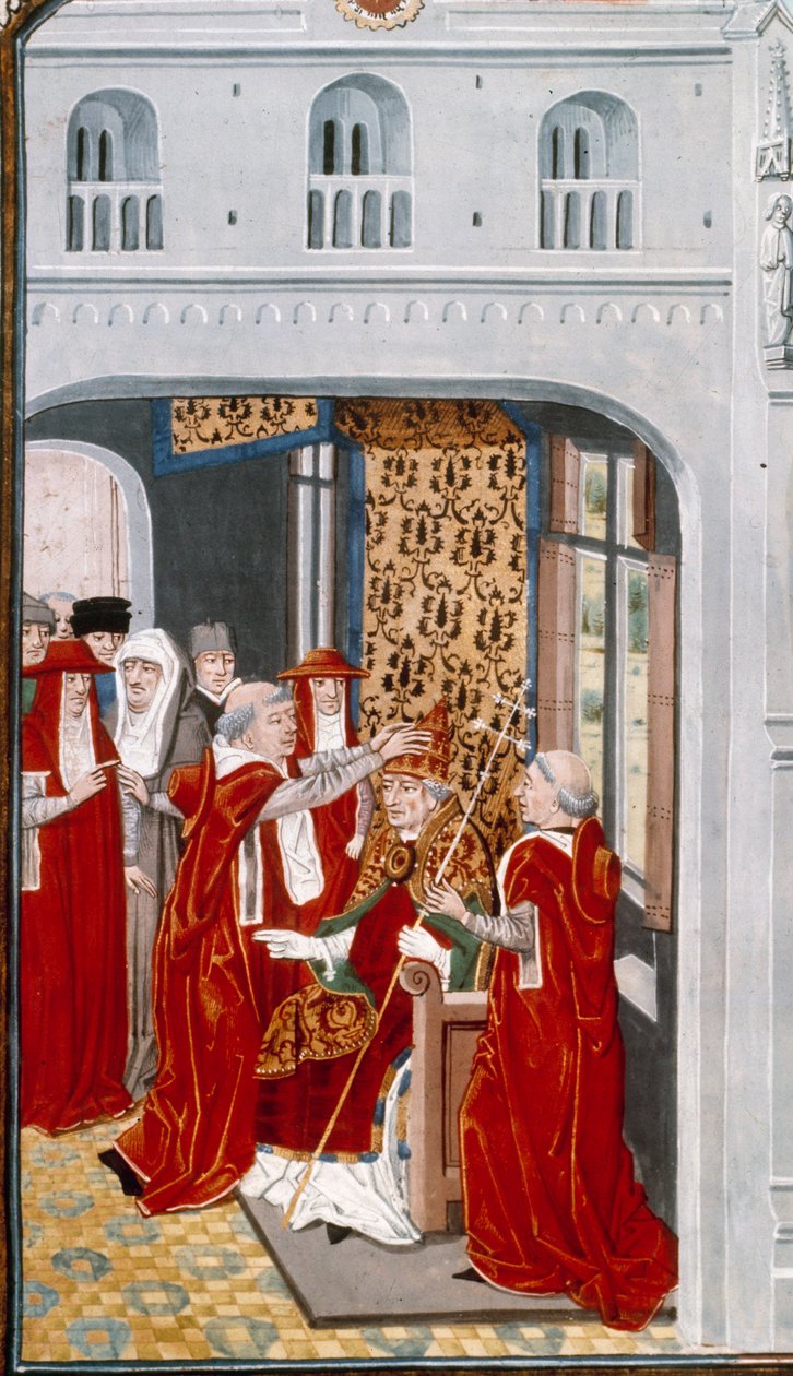 Påven Gregoire XI (1329-1378) invigde Avignon 1370. Miniatyr från Chronicles”” av Jean Froissart (1337-1400) 1400-talets Paris. B.N. av Unknown artist