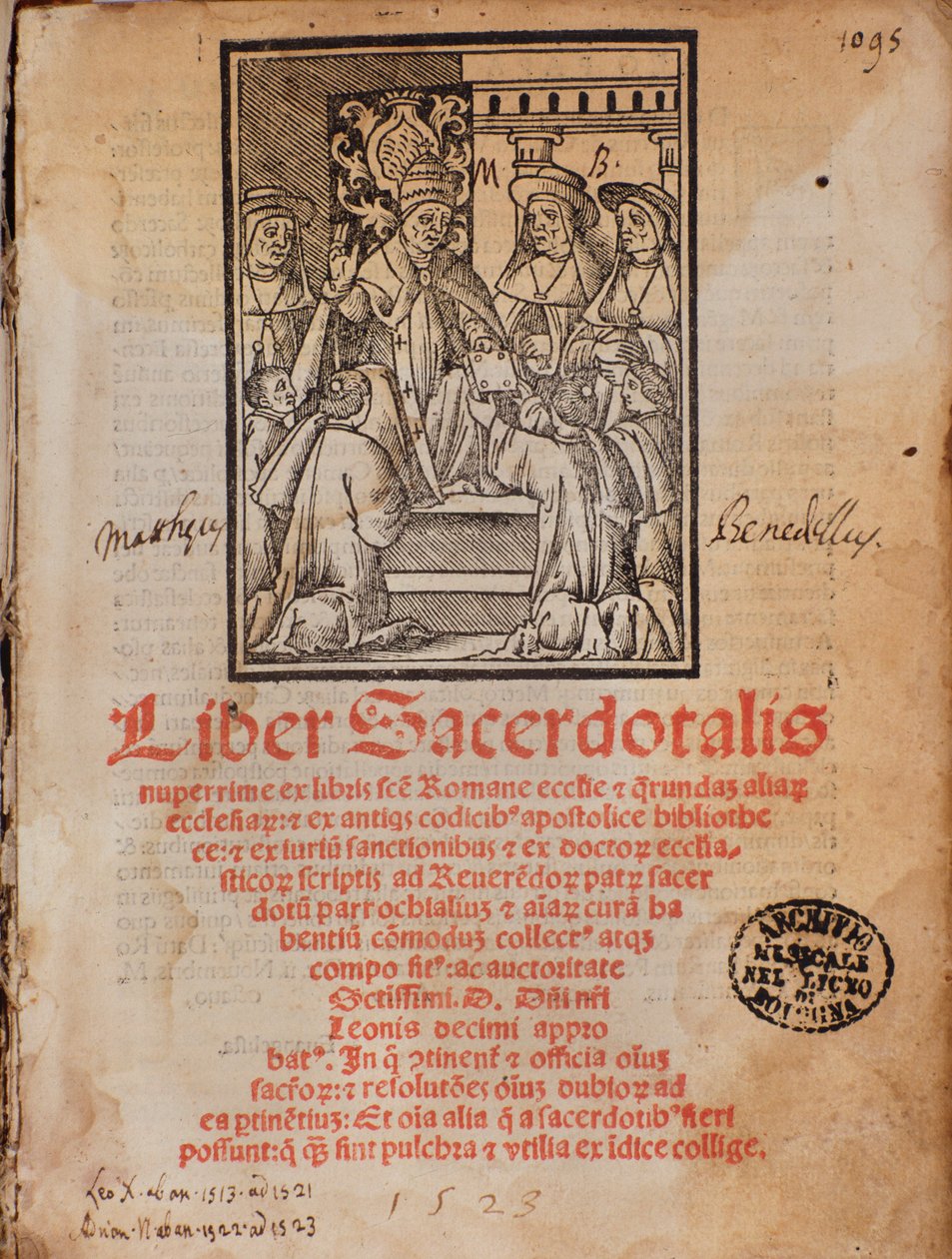 Påven Leon X tar emot boken Frontispice of the liturgy book "Liber Sacerdotalis"" av Castellini av Unknown artist