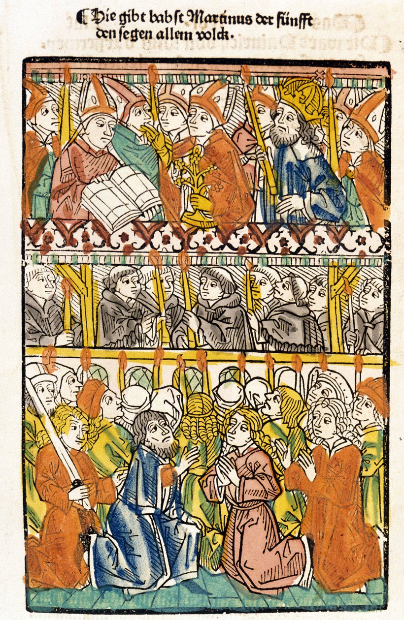 Påven Martin V (1368 - 1431) vald vid konciliet i Konstanz (1417) genom att avsluta den stora schismen i väst utför välsignelsen. "Das concilium" av Unknown artist