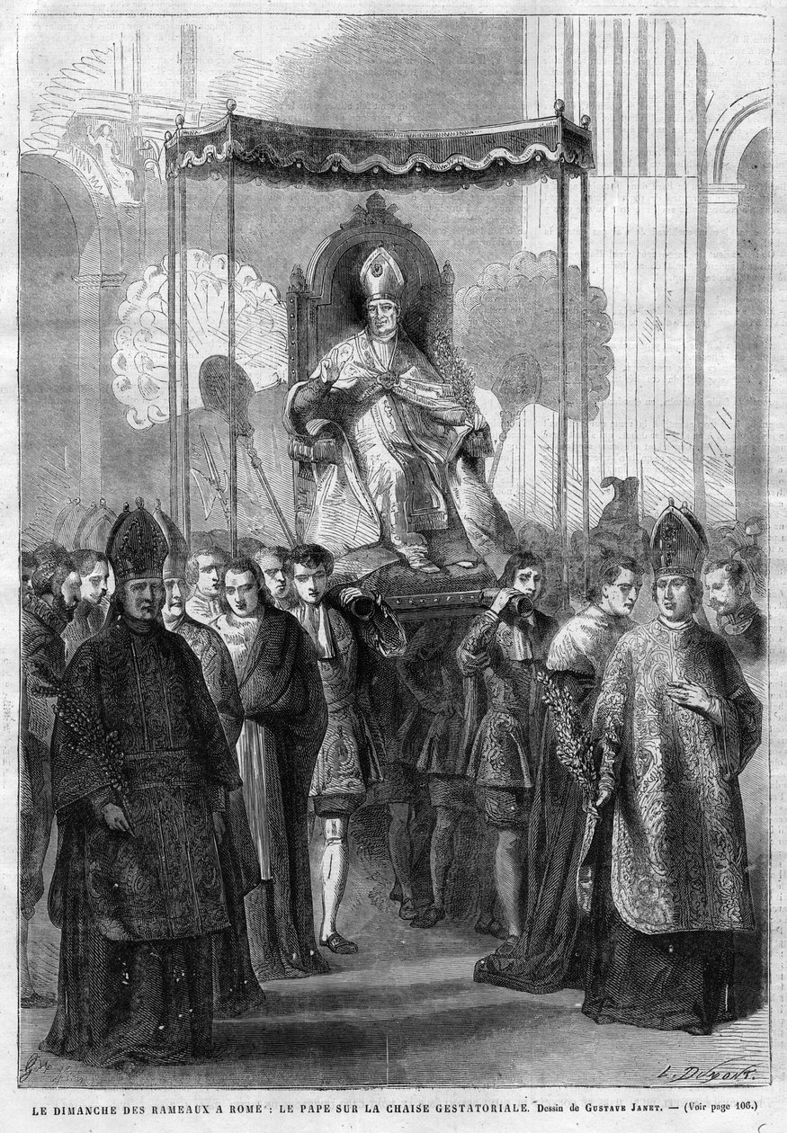 Påve Pius IX (1835-1914) om sedia gestatoria - Palmsöndagen i Rom: Påven Pius IX (Pius Pio 9) på gestatorisk stol - teckning av Gustave Janet - The Illustrative Diary of 1868 av Unknown artist