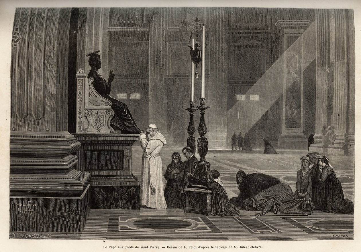 Påven Pius IX (pio 9) (1792-1878) samlad vid foten av statyn av St. Peter, vid ingången till basilikan, i Vatikanen. Gravyr för att illustrera Romberättelsen, av Francis Wey, 1864-1868, publicerad i "" le tour du monde", redigerad av D