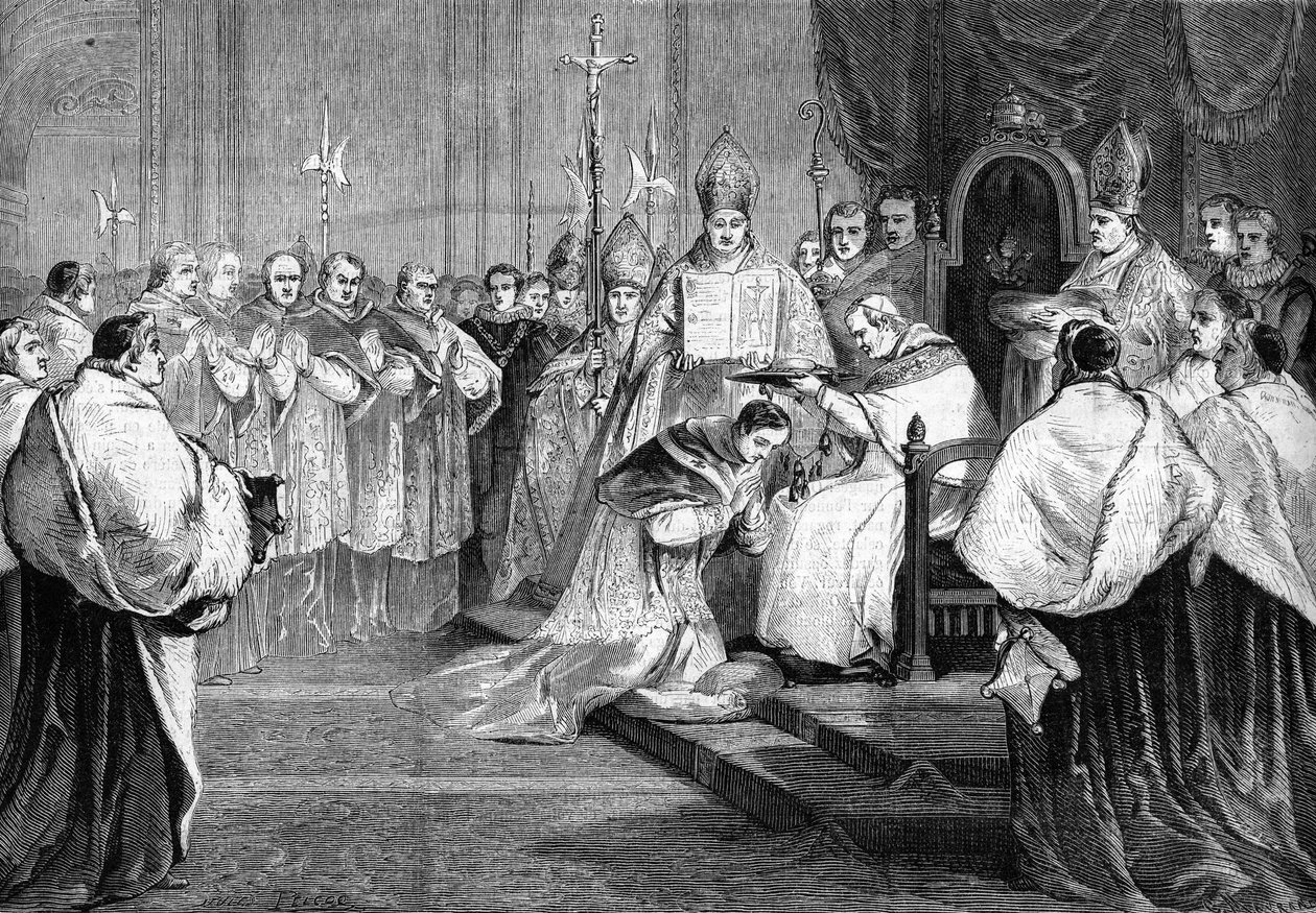 Påven Pius IX överlämnade kardinalens hatt till prins Lucien Bonaparte 1868. av Unknown artist