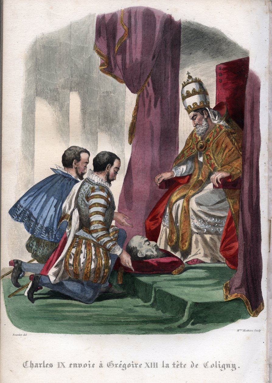 Påven påven Gregorius XIII (1502-1585) tar emot huvudet av Gaspard de Coligny (1519-1572), mördad på massakern på S:t Bartolomeusdagen 1572, som en gåva från kung Karl IX av Frankrike (1550-1574). av Unknown artist
