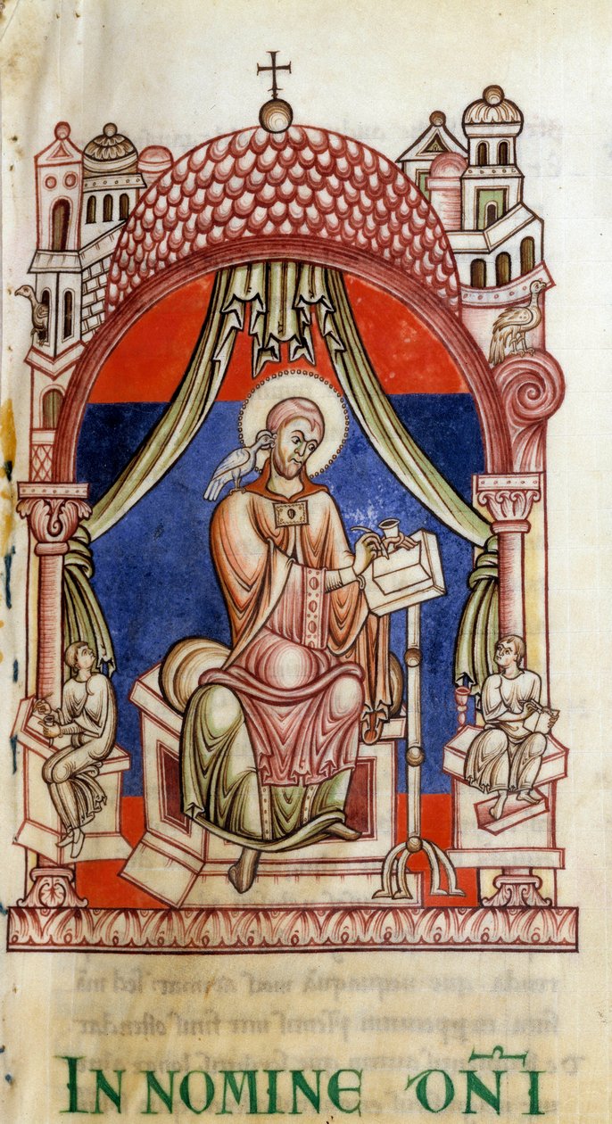 Påven St. Gregoire I den store (540-604) omringad av två sekreterare. Han är skriven representativ med en duva på axeln, symbol för den Helige Ande (Helige Ande). Miniatyr av Saint Gregoires bokstäver av Unknown artist