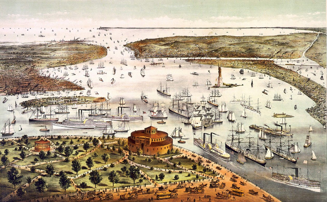 New Yorks hamn; fågelperspektiv. Gravyr v. 1892. av Unknown artist