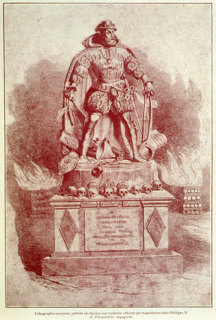 Porträttladdning av Filip II på den spanska inkvisitionen - gravyr av Unknown artist