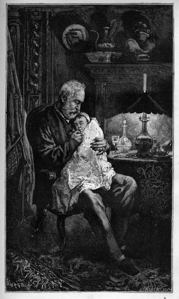 Porträtt av Victor Hugo, sittande med barnbarnet Jeanne - gravyr från "" Det fruktansvärda året"" ("Det fruktansvärda året") - Hugo et l