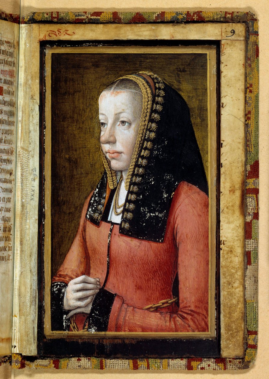 Porträtt antar av Anne av Bretagne (1477-1514) drottning av Frankrike. Miniatyr, fragment av timbok. Anonym av Unknown artist