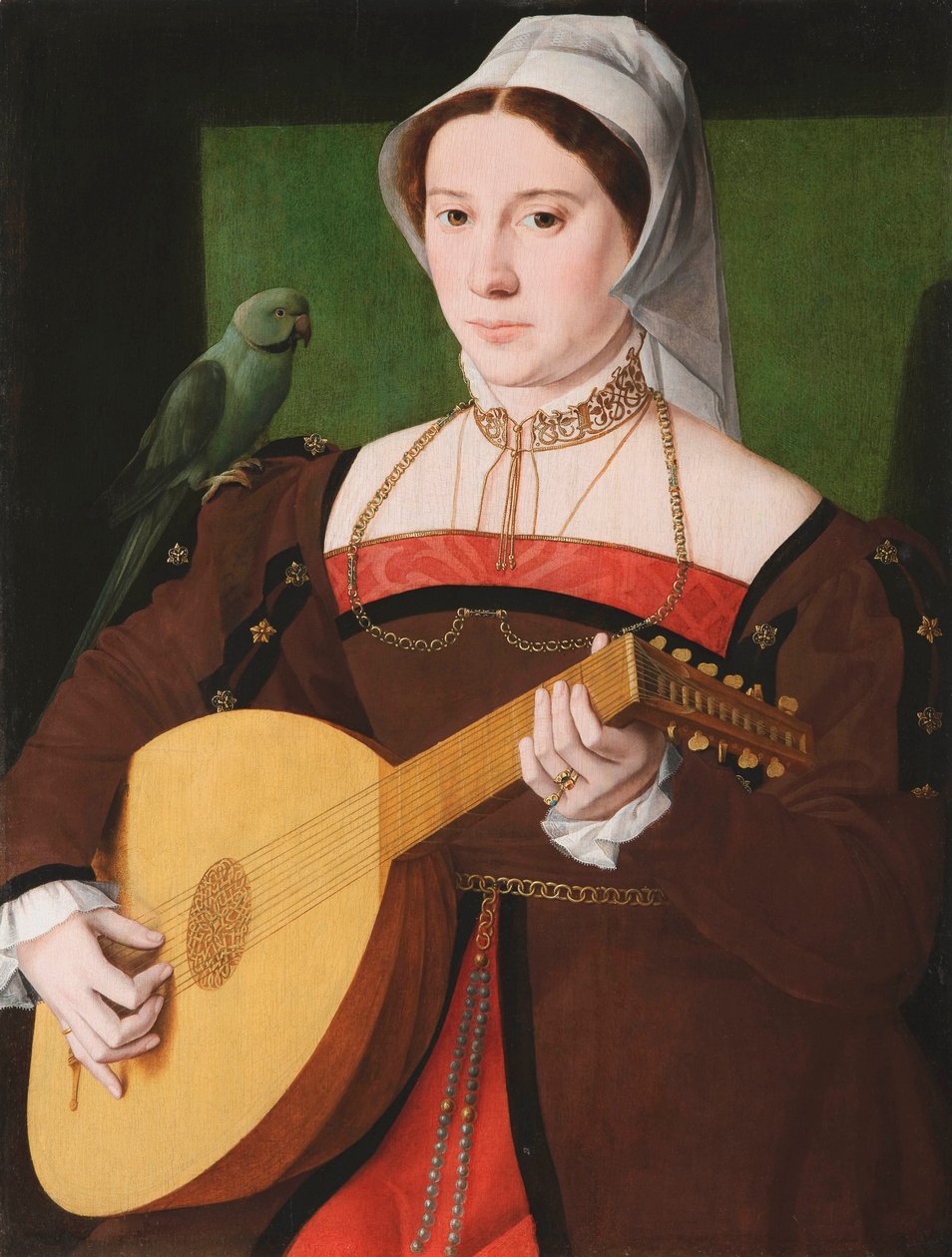 "Porträtt av en kvinna som spelar en luta, med en papegoja på axeln" Anonym målning ca 1540 Olja på trä, 70x55 - Fondation Custodia av Unknown artist