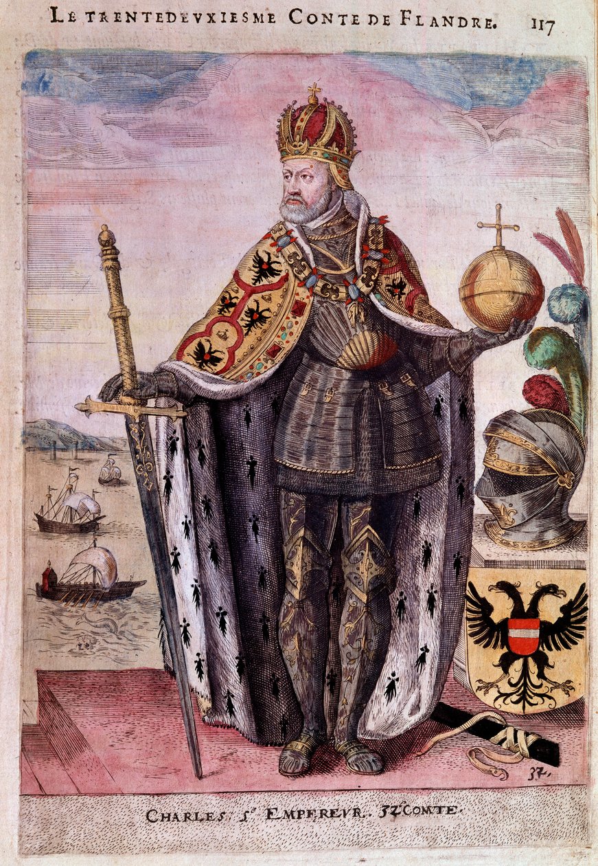 Porträtt till fots av Karl V (1500-1558) i trettio andra greve av Flandern Gravyr av 1500-talets Paris, B.N. av Unknown artist