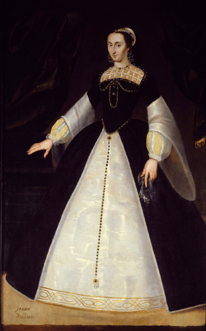 Porträtt till fots av Jeanne av Albret, drottning av Navarra (1528-1572), mor till Henrik IV Anonym målning. 1500-talet sön. 1,96x1,22 m Pau, slottets museum av Unknown artist