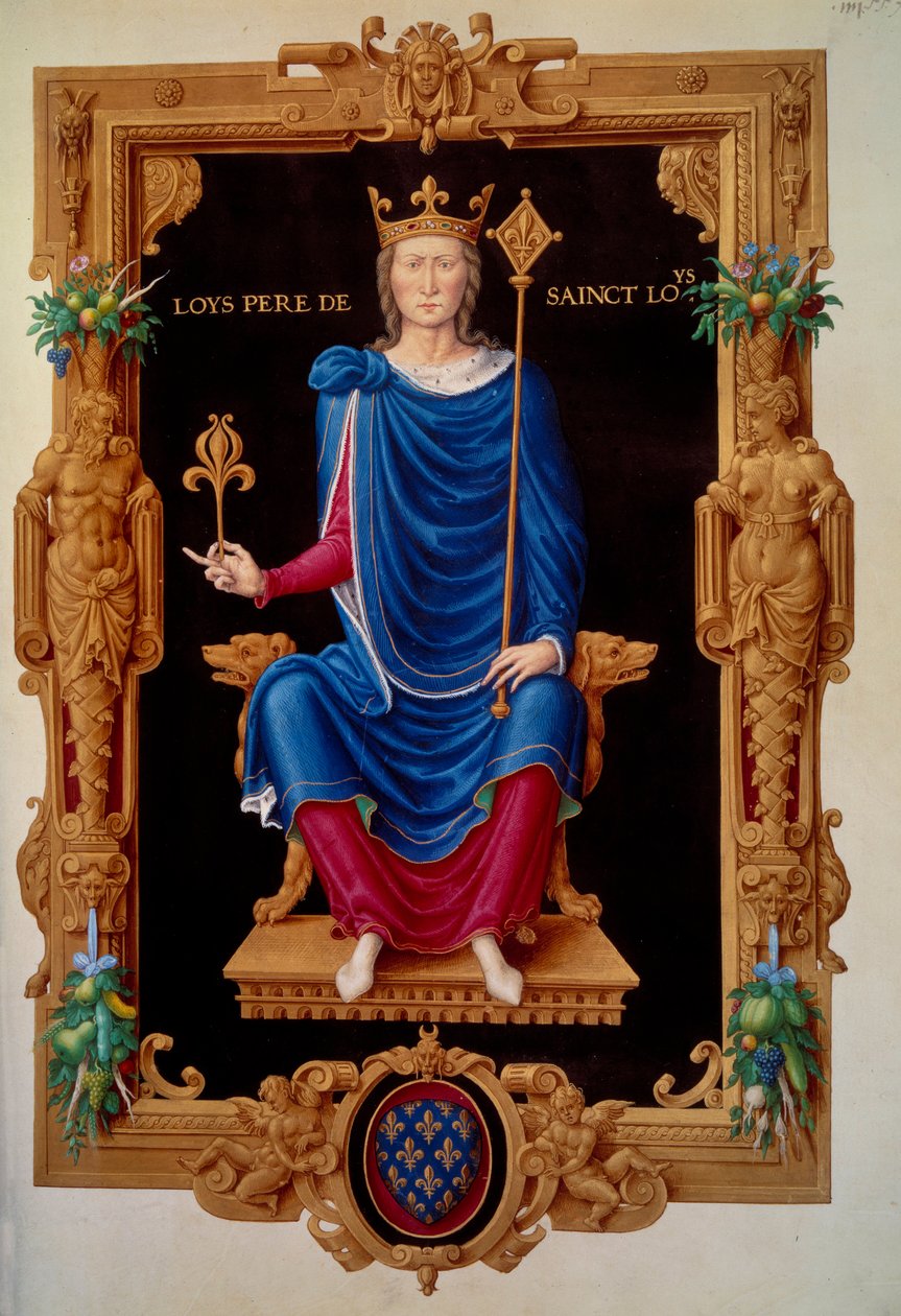 Porträtt vid foten av kungen av Frankrike Louis VIII lejonet (1187 - 1226) fader till Saint Louis. Miniatyr i "" Recueil des rois de france"" av Jean Tillet av Unknown artist