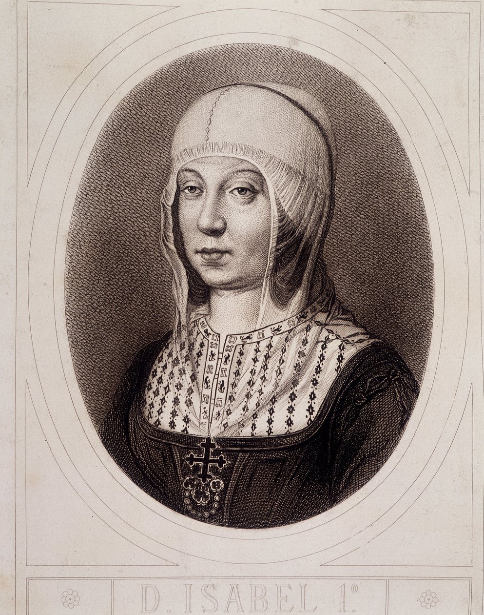 Porträtt i medaljong av Isabelle 1:a katoliken eller Kastilien - gravyr av Unknown artist