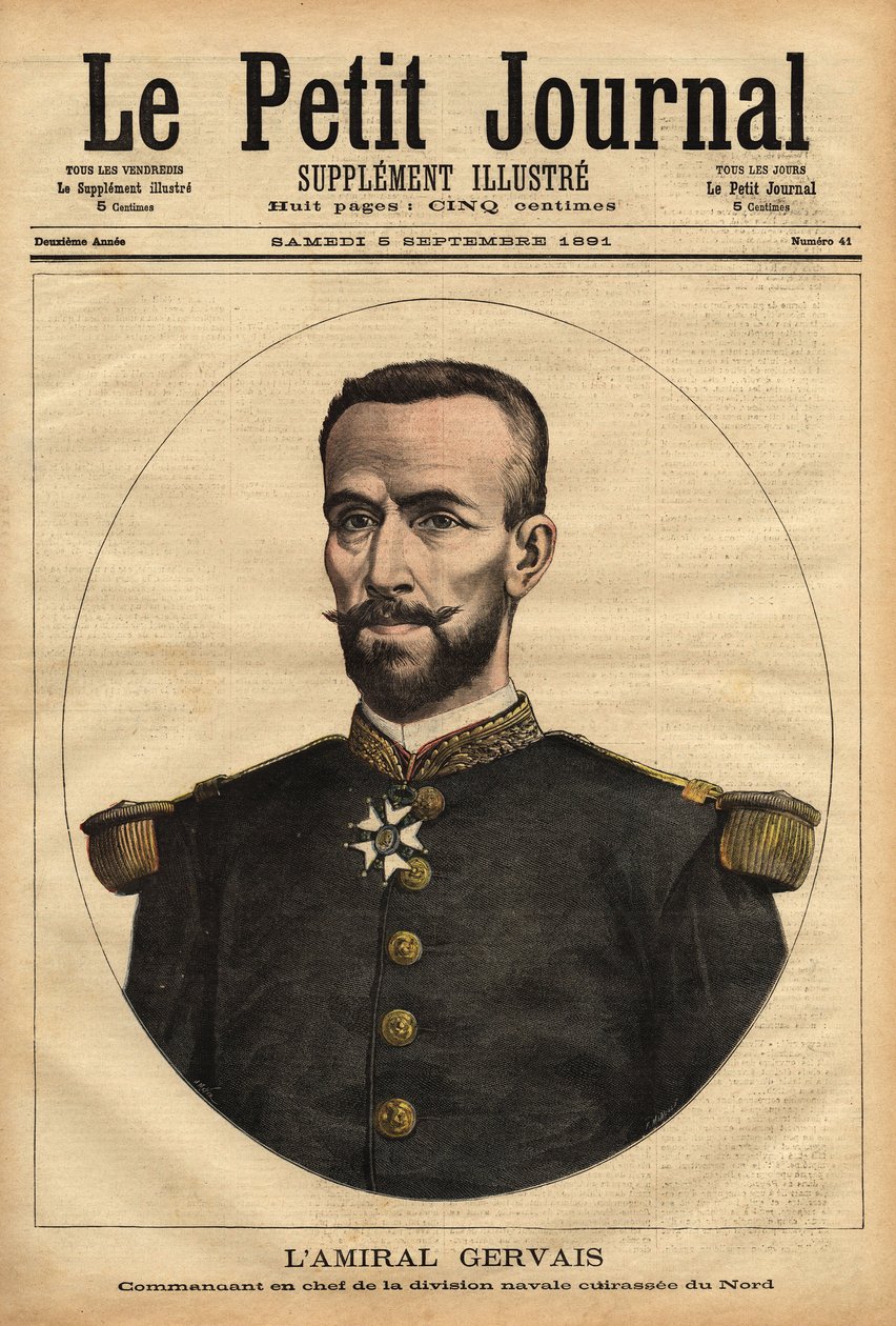 Porträtt av amiral Gervais (1837-1921), överbefälhavare för sjödivisionen i norr. Gravyr i "" Le petit journal"" 1891-09-05. Selvas samling. av Unknown artist