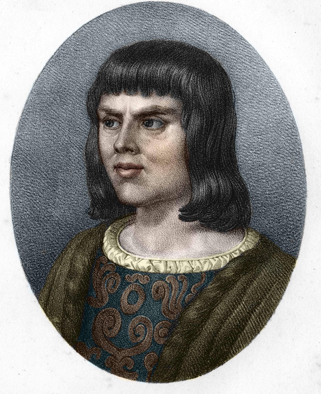 Porträtt av Alain Chartier. Fransk diplomat och författare (1385 till 1433). Framtidens sekreterare Karl VII. 1800-talsgravyr. av Unknown artist