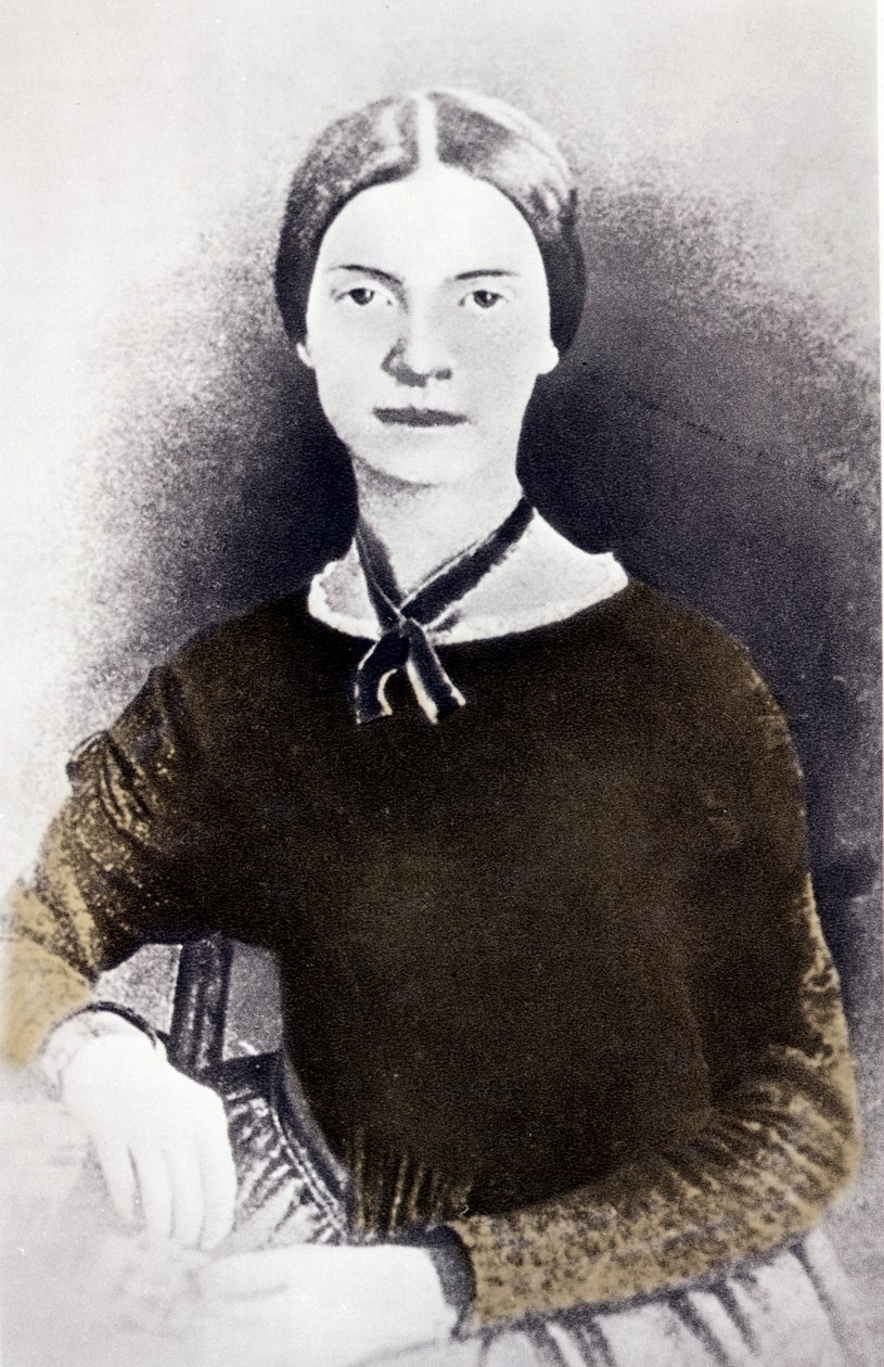 Porträtt av den amerikanska poeten Emily Dickinson (1830-1886) från ett fotografi cirka 1846-1847 av Unknown artist