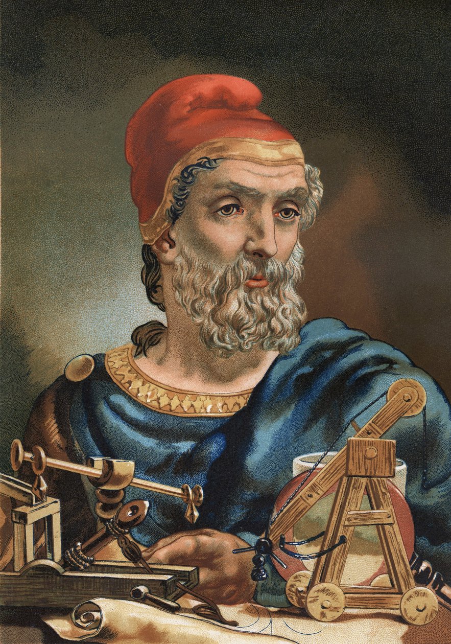 Porträtt av Arkimedes på grekiska Arkhimêdês matematiker och grekisk fysiker (Syrakusa, 287 f.Kr. till id, 212 f.Kr.). efter "La Ciencia y sus Hombres" av Louis Figuier. Barcelona 1881. av Unknown artist