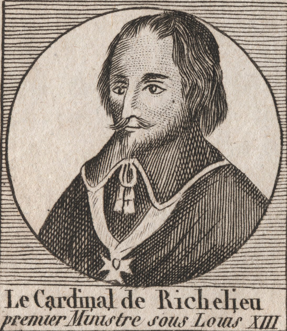 Porträtt av Armand Jean du Plessis de Richelieu (1585-1642), kardinal hertig av Richelieu, förste minister för kung Ludvig XIII - kardinal Richelieu, chefsminister för kung Ludvig XIII från 1624 till 1642 - gravyr från "Instruction sur l