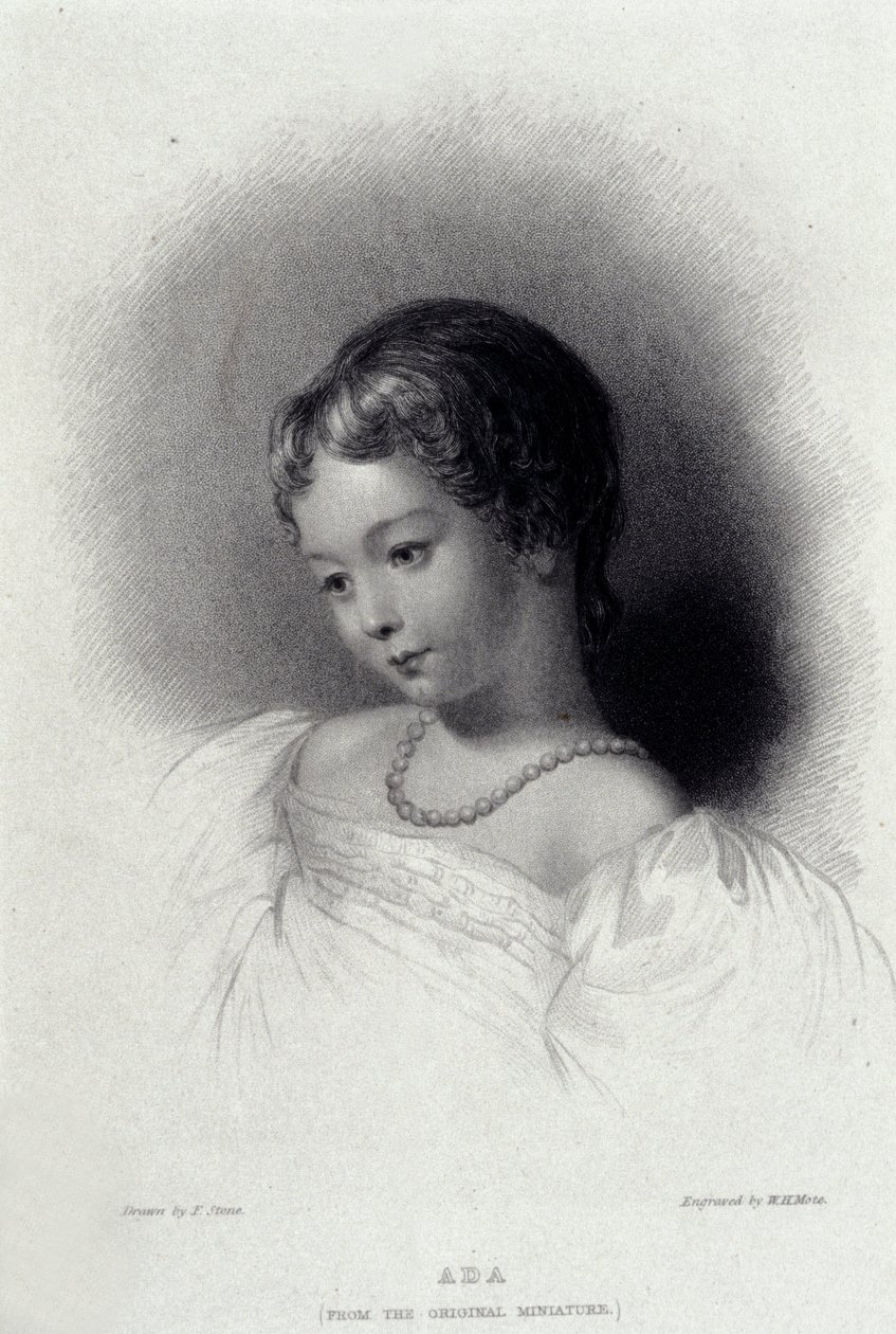 Porträtt av Augusta Ada Byron (1815-1852) som blev Anna Lovelace, dotter till poeten George Gordon Byron. Gravyr av 1800-talet. av Unknown artist