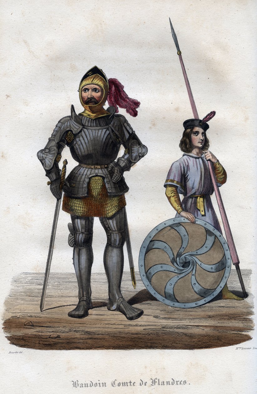 Porträtt av Baldwin I, greve av Flandern (830-879), även känd som Baldwin Iron Arm. (Baudouin I, greve av Flandern, även känd som Iron Bras eller the Good). Gravyr från 1842 i "Histoire des popes"" av Maurice Lachatre. Privat samling. av Unknown artist