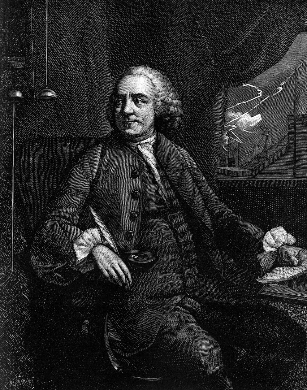 Porträtt av Benjamin Franklin (1706-1790), amerikansk filosof, fysiker och ambassadör. (Från en gammal gravyr). Gravyr i "" Nature: granskning av vetenskaperna och deras tillämpningar på konst och industri"" av 31 mars av Unknown artist