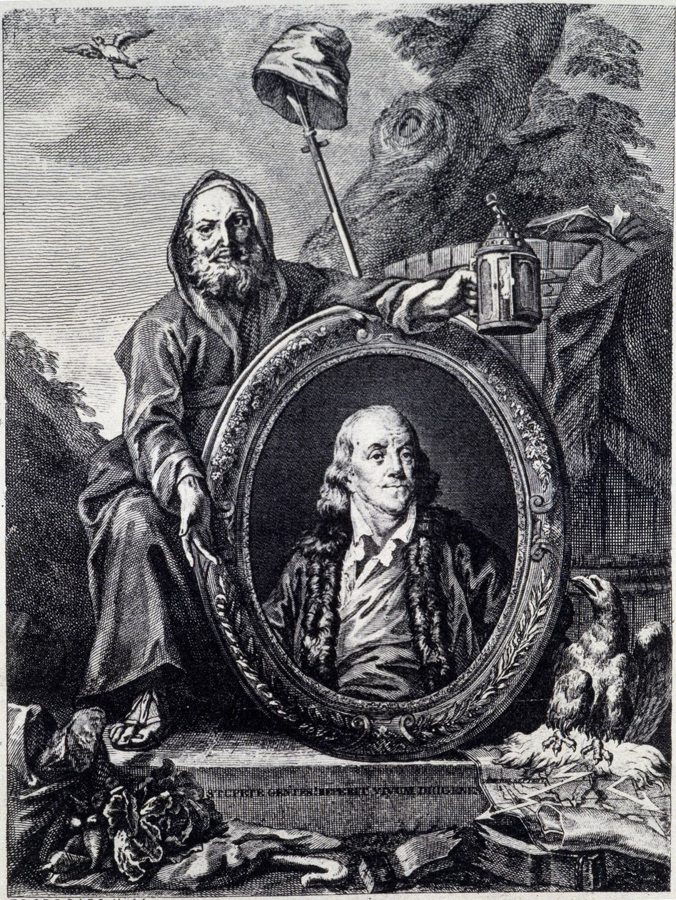Porträtt av Benjamin Franklin (1706 - 1790), amerikansk politiker, minnesman, broschyr och fysiker av Unknown artist