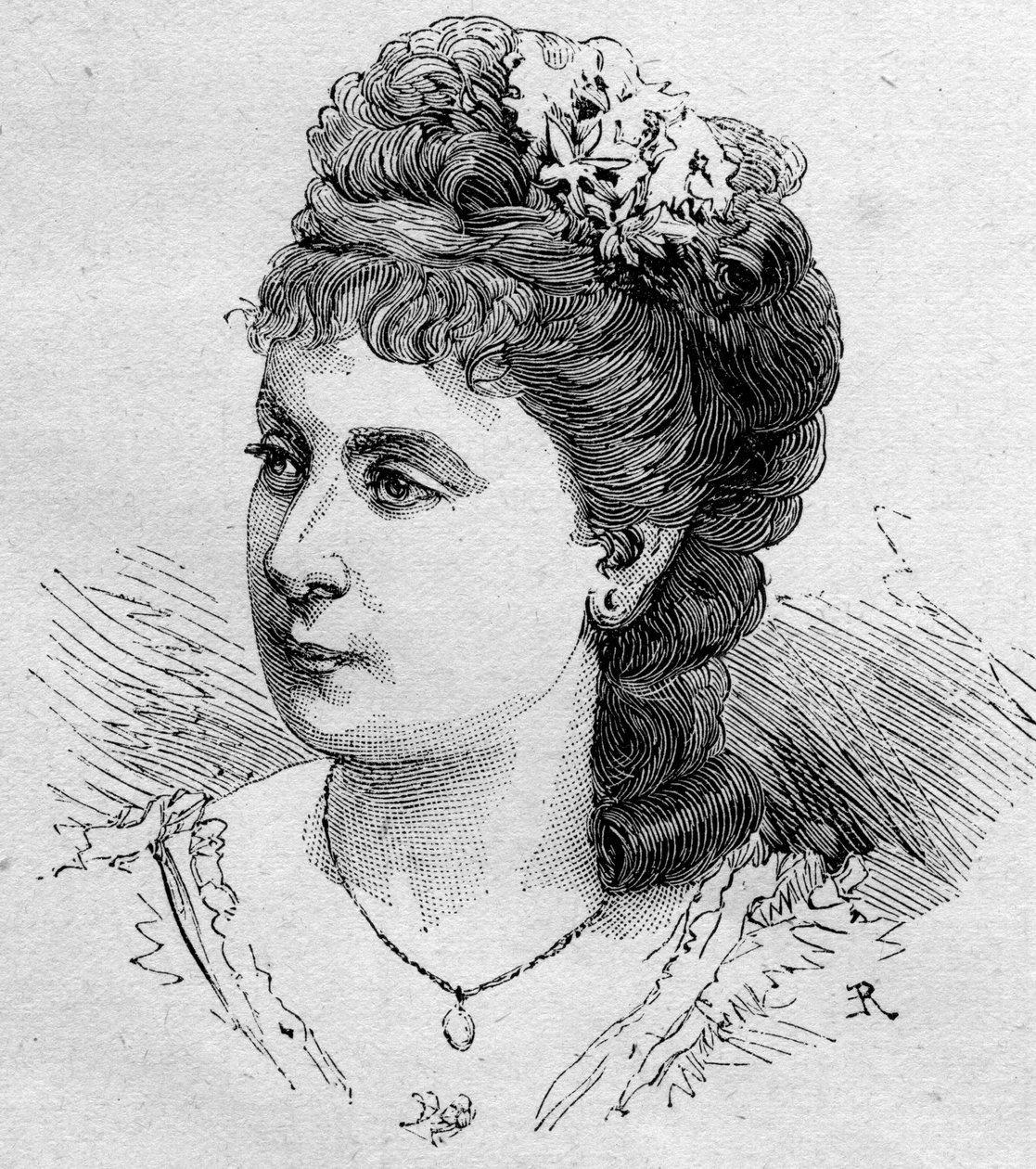 Porträtt av Blanche Beretta (Beretta) (f. 1855), fransk komiker, medlem av Comedie Francaise från 1875 till 1901. Gravyr i "" Le Monde Illustré"" n¡1168 den 16 augusti 1879. av Unknown artist