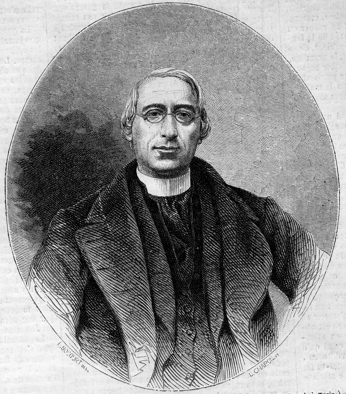 Porträtt av Carlo Passaglia (1812-1887), italiensk kyrkoman, partisan av Italiens enhet. Gravyr i "" Le Monde Illustré"" nr 240 av 16 november 1861. av Unknown artist