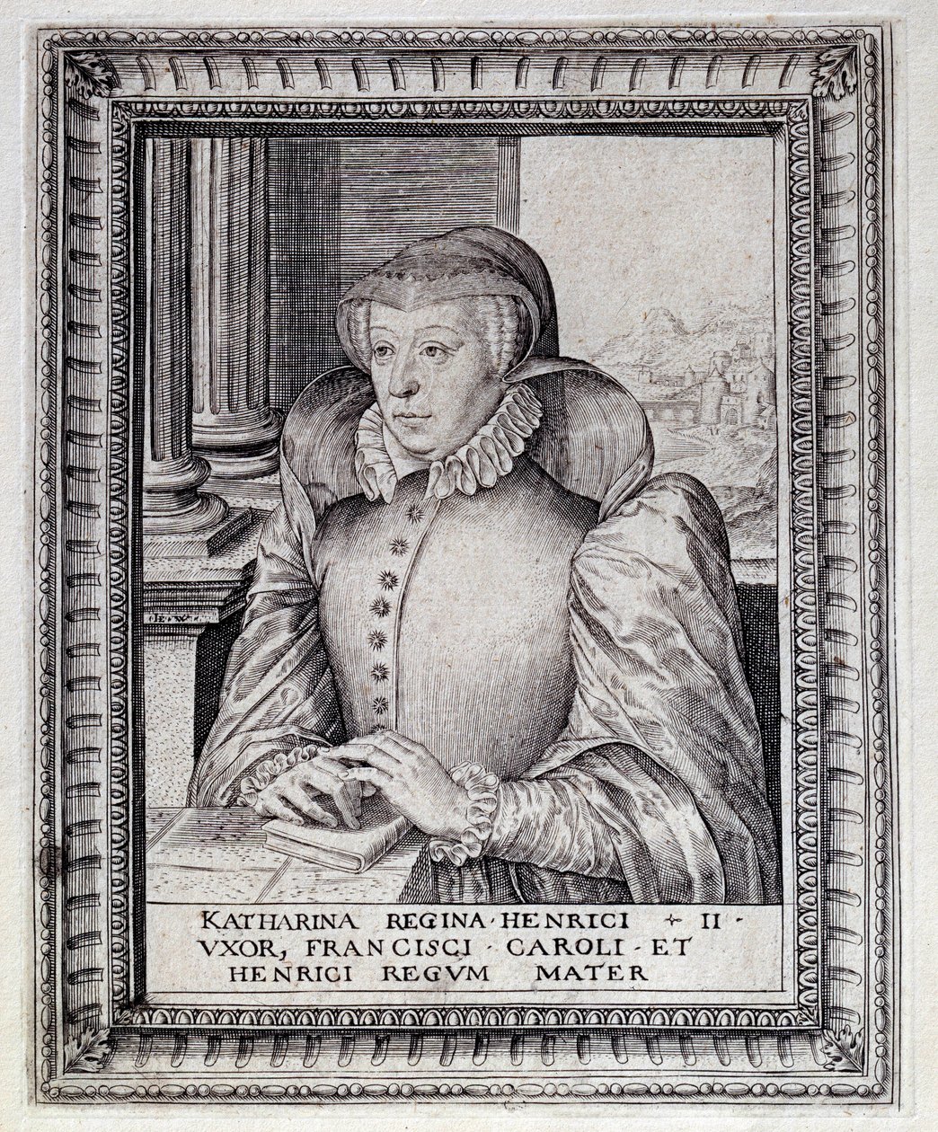 Porträtt av Catherine de Medicis (Caterina de Medici) (1519-1589), Frankrikes drottning. Gravyr av 1500-talet. Pau, Musée du Chateau av Unknown artist