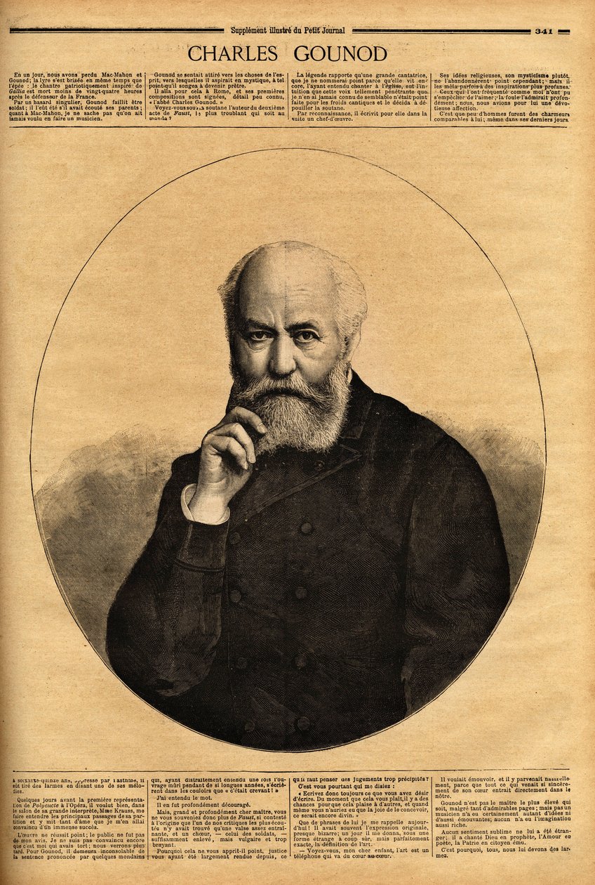 Porträtt av Charles Gounod (1818-1893), en fransk kompositör, känd för sina operor (Faust 1859, Romeo och Juliette 1867), han komponerade också symfonier och många melodier till dikterna av Alfred de Musset (1810-1857) och Victor Hugo (1802-1885). Engr av Unknown artist