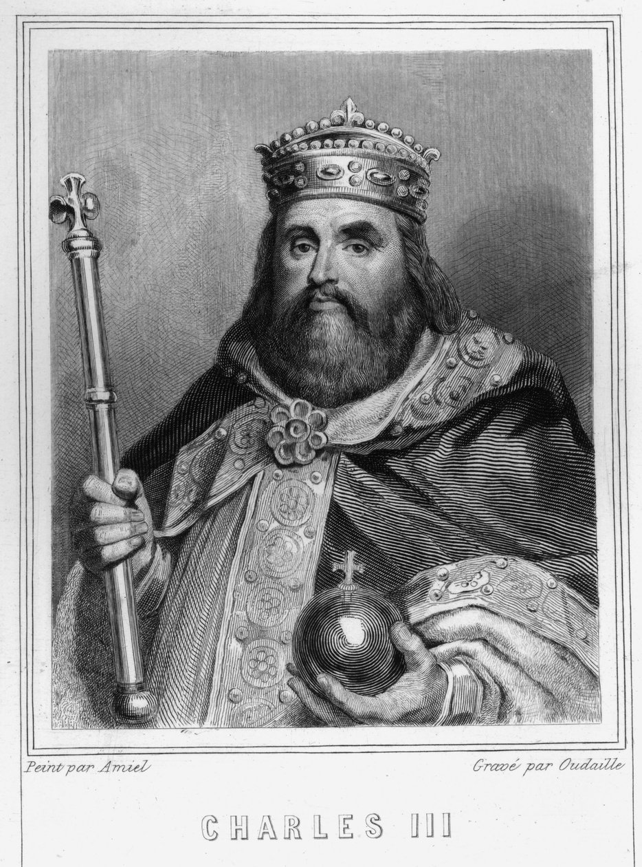 Porträtt av Karl III (839 - 888), kejsare av västerlandet (881 - 887) och regent av Frankrike (884 - 887) - i "Histoire des Français" av Lavallée, gravyr, sd. av Unknown artist