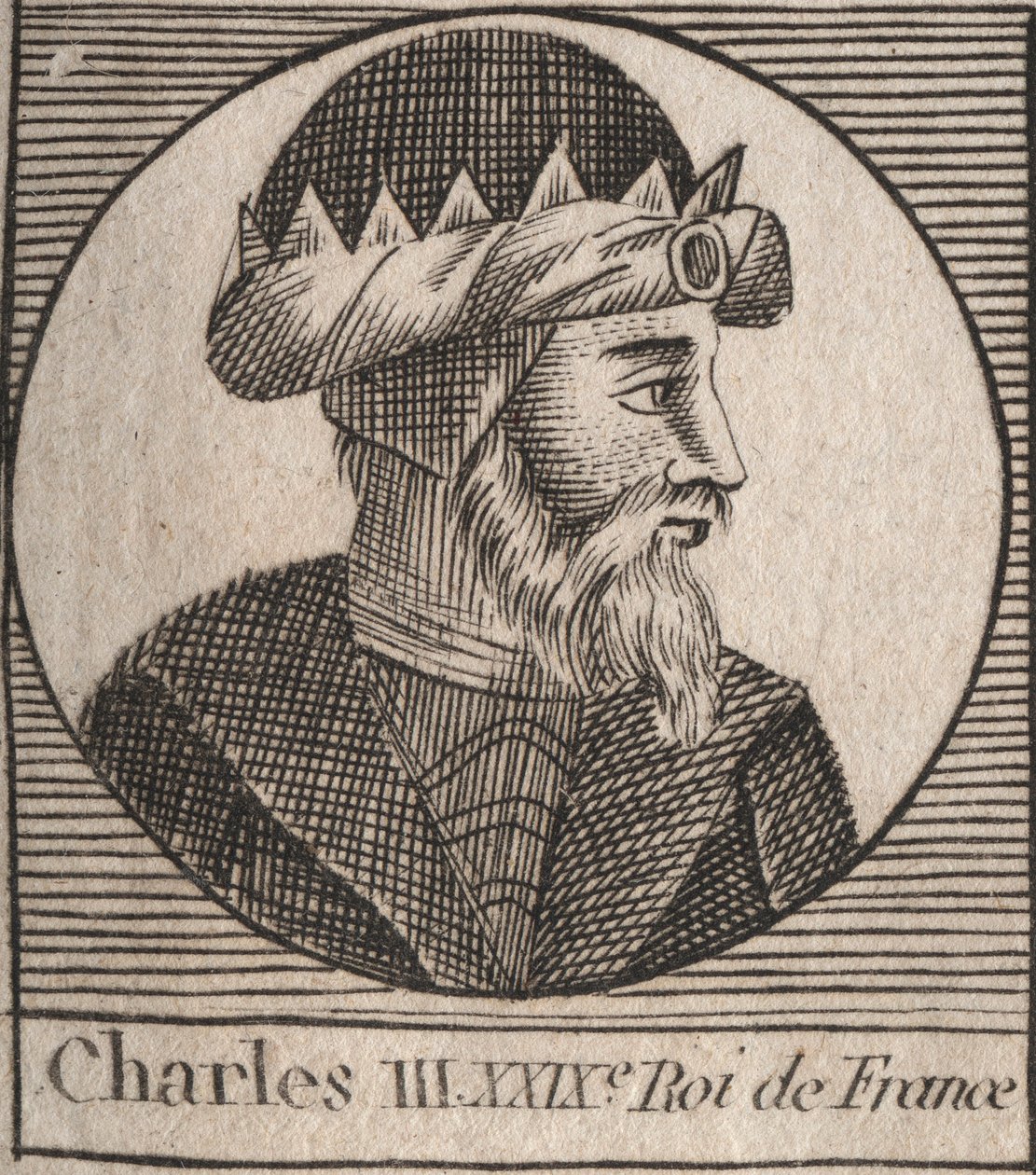 Porträtt av Karl III säger den enkla (879-929) kungen av frankerna - CHARLES III (879-929) - Karl den enkle - kung av Frankrike, 893-923 - gravyr från "Instruction sur l