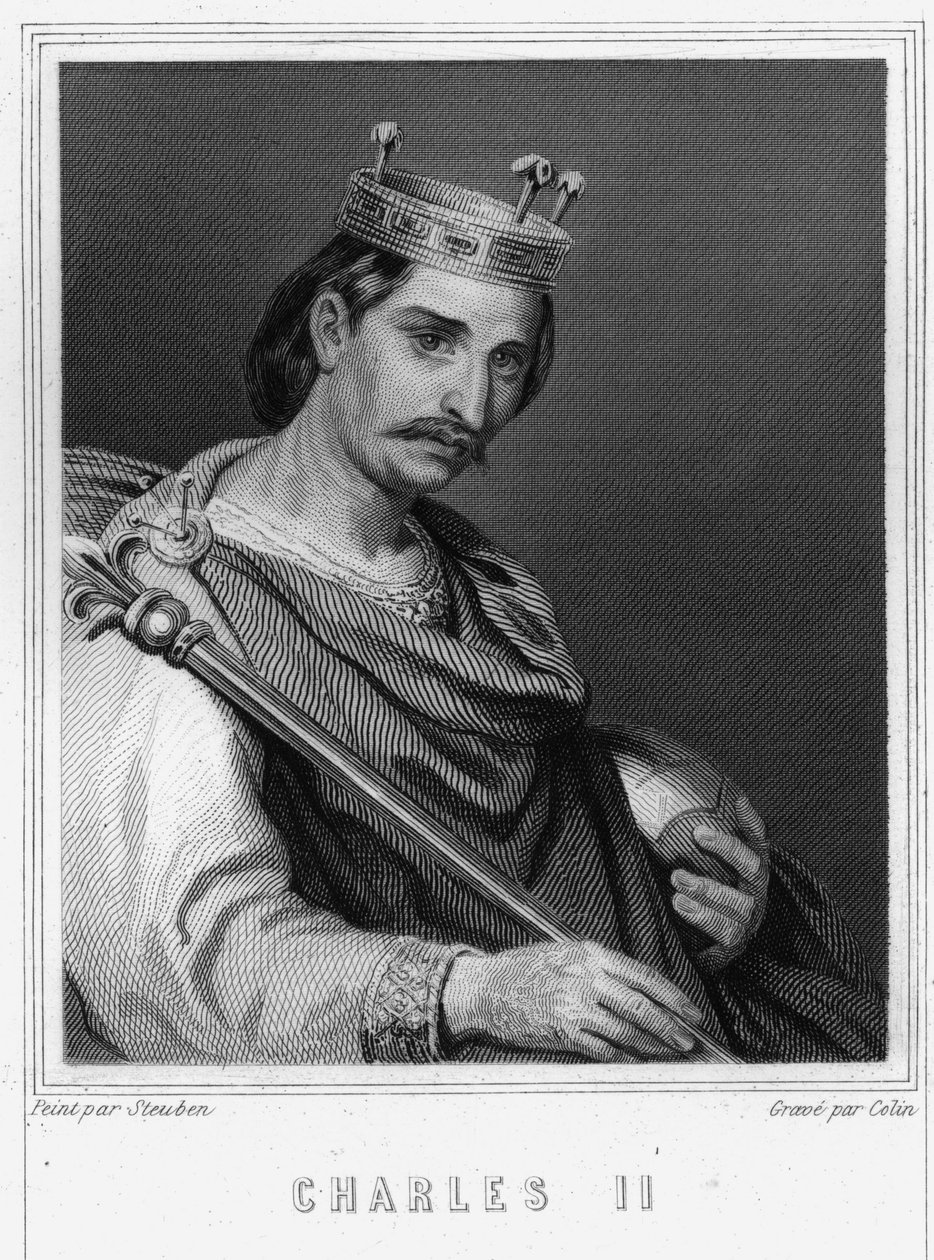 Porträtt av Karl II den skallige (823 - 877), kung av Frankrike - i "Histoire des Français"" av Lavallée, gravyr, sd. av Unknown artist
